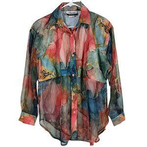 Vintage Marnie West Sheer Abstract Watercolor Button Up Shirt Size Large